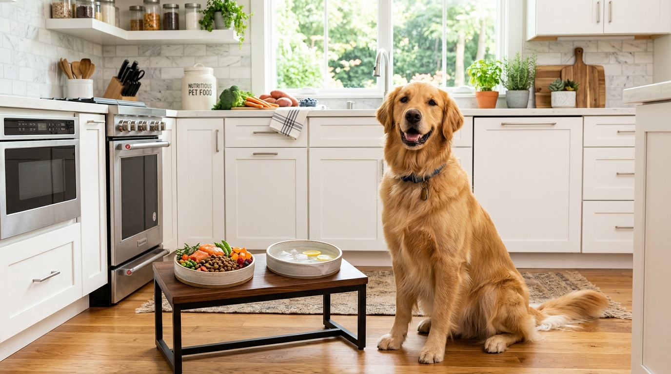 Golden Retriever siedzący w nowoczesnej kuchni obok misek z pełnowartościowym jedzeniem i zdrowymi składnikami