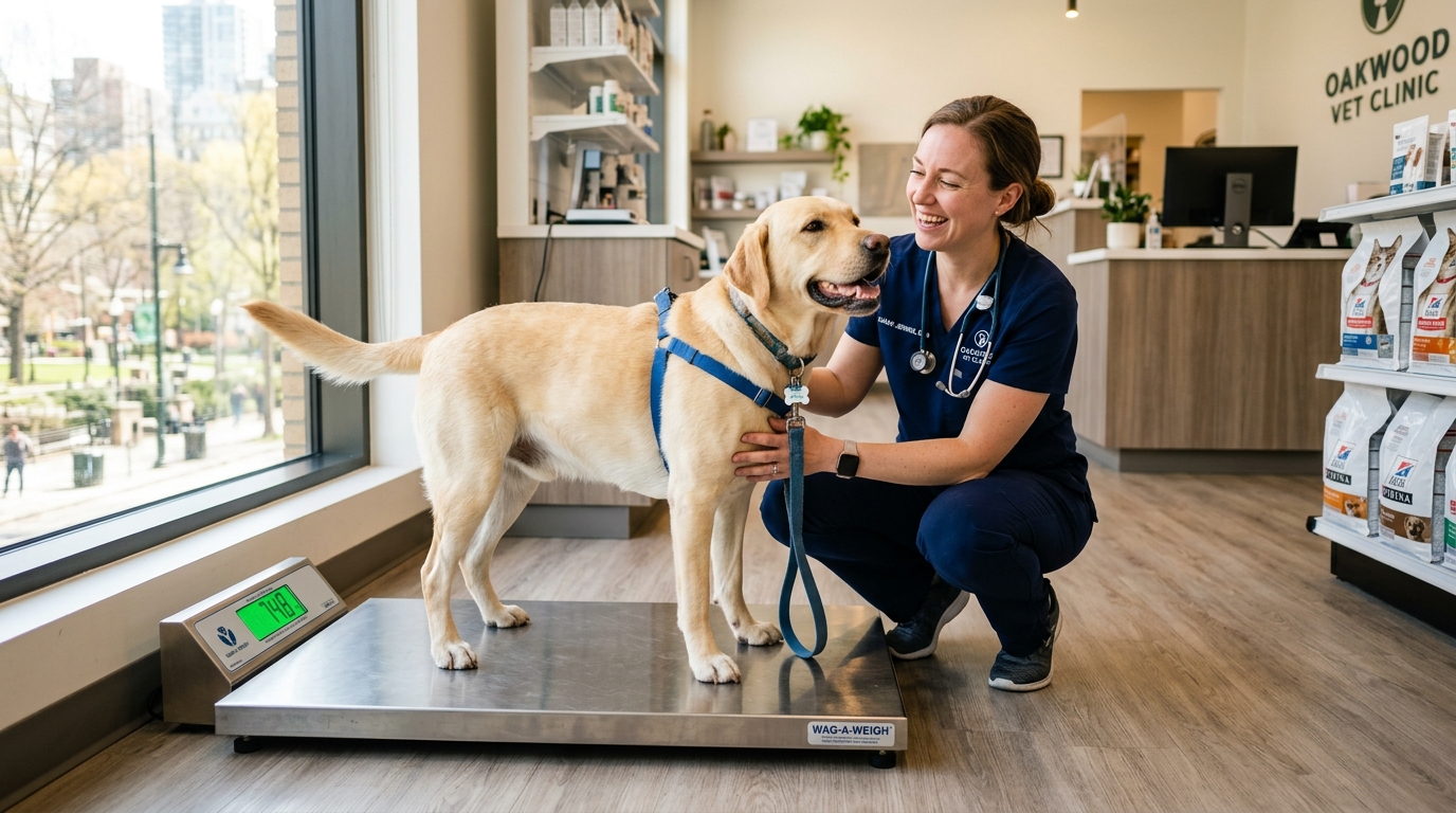 Lekarz weterynarii ważący psa rasy Labrador na wadze w klinice